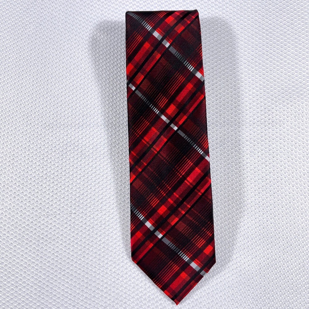J.Ferrar Mens Red Black White Plaid Polyester Necktie 62 Inch Length